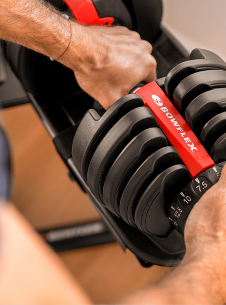 Adjusts from 5 to 52.5 lbs (2 to 24 kg) per dumbbell