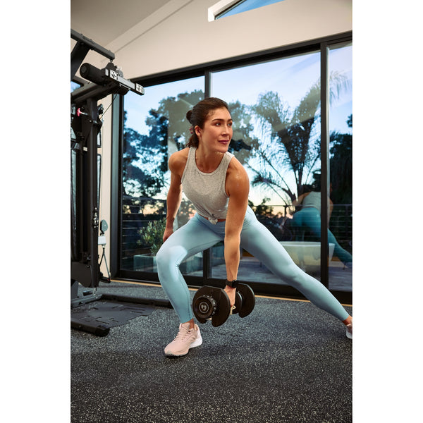 Adjusts from 5 to 52.5 lbs (2 to 24 kg) per dumbbell