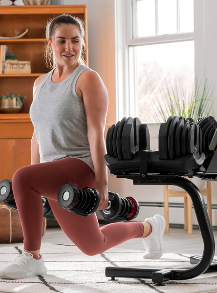 Adjusts from 5 to 52.5 lbs (2 to 24 kg) per dumbbell
